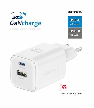 SWISSTEN SÍŤOVÝ ADAPTÉR GaN 1x USB-C 45W PD + 1x USB-A 18W QC BÍLÝ