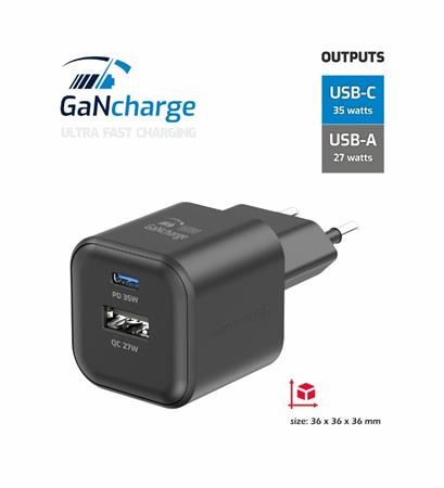 SWISSTEN SÍŤOVÝ ADAPTÉR GaN 1x USB-C 35W PD + 1x USB-A 27W QC ČERNÝ