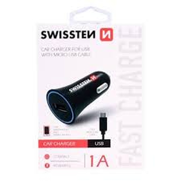SWISSTEN CAR CHARGER WITH USB 1A POWER + CABLE MIC