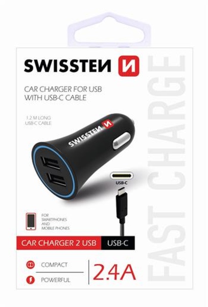 SWISSTEN CAR CHARGER 2,4A POWER WITH 2x USB + CABL