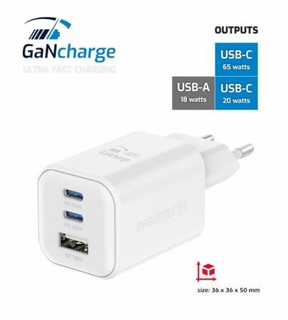 SWISSTEN SÍŤOVÝ ADAPTÉR GaN 1x USB-C 45W PD + 1x USB-A 18W QC ČERNÝ