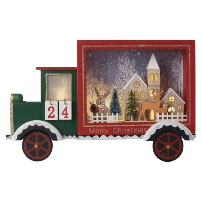 LED adventní kalendář, dřevěné auto, 20x30,5 cm, 2x AA, vnitřní, teplá bílá, časovač, DCWW