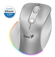 Genius Ergo 9000S Pro Myš, bezdrátová, optická, 2400DPI, 6 tlačítek, BT, 2,4GHz, USB-C nabíjení, tichá, 7barevné podsv.,stříbrná 31030039402