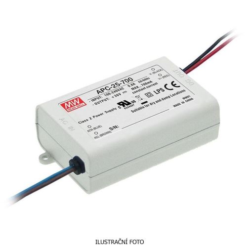 MEANWELL ZDROJ PRO LED APC-25-500 25W VSTUP 90-264V AC, 127-370V DC VÝSTUP 500MA 15-50V 91