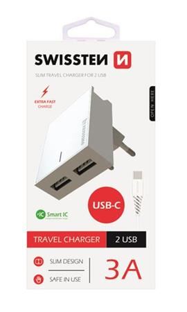SWISSTEN SÍŤOVÝ ADAPTÉR SMART IC, CE 2x USB 3 A POWER BÍLÝ + DATOVÝ KABEL SWISSTEN USB / T