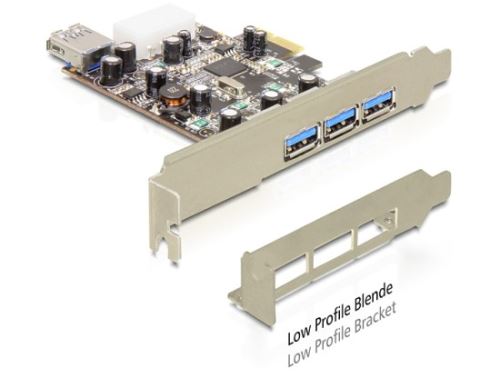DeLock PCI Express x1 > USB 3.0, 3x externí, 1x interní, VIA, + low profile
