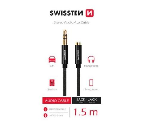 SWISSTEN  AUDIO KABEL TEXTILE 3,5 mm JACK(samec) - 3,5 mm JACK (samice) 1,5 M ČERNÝ