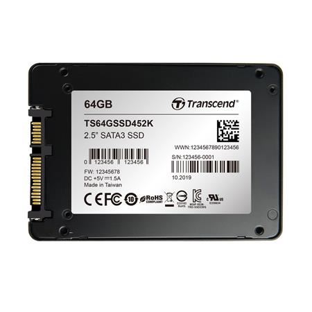 TRANSCEND SSD452K 64GB Industrial (3K P/E) SSD disk 2.5" SATA3, 3D TLC, Aluminium case, 56