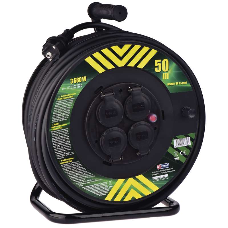 Venkovní prodlužovací kabel na bubnu 50 m / 4 zás. / černý / guma-neopren / 230V / 2,5 mm2, 1908545000