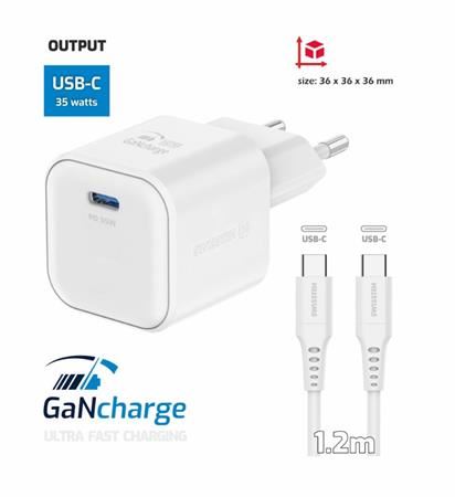 SWISSTEN SÍŤOVÝ ADAPTÉR GaN 1x USB-C 35W POWER DELIVERY BÍLÝ + DATOVÝ KABEL USB-C/USB-C 1,