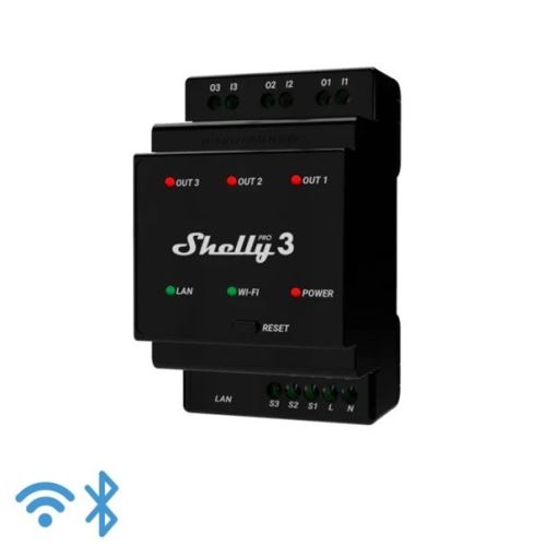 SHELLY PRO 3 SPÍNACÍ MODUL NA DIN LIŠTU 3KANÁLOVÝ LAN WIFI BLUETOOTH