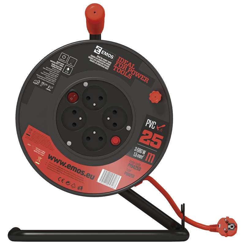 Prodlužovací kabel na bubnu 25 m / 4 zás. / s vypínačem / červený / PVC / 230V / 1,5 mm2, 1908042512