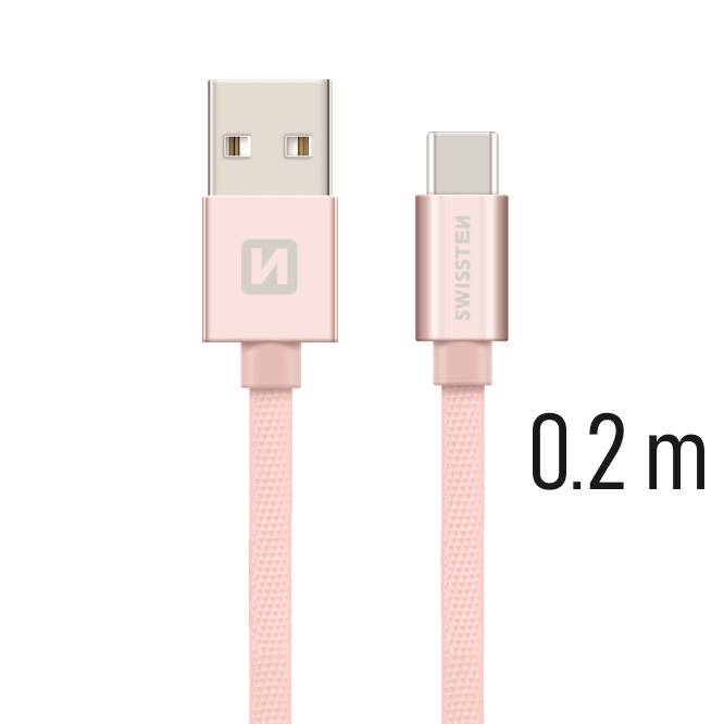 SWISSTEN kabel USB USB-C textilní 0,2m 3A růžová