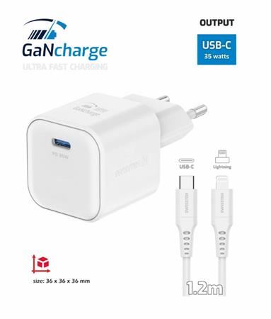 SWISSTEN SÍŤOVÝ ADAPTÉR GaN 1x USB-C 35W POWER DELIVERY BÍLÝ + DATOVÝ KABEL USB-C/LIGHTNIN