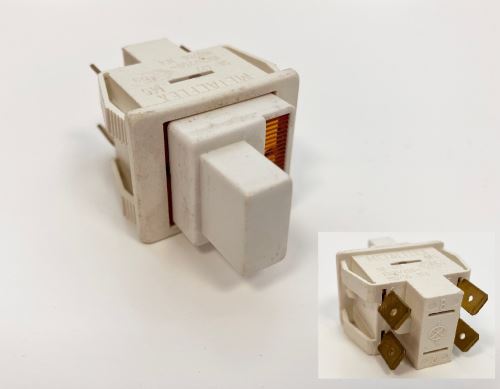 Vypínač tlačítkový, 22 x 30 mm, 10A, bílý se signálkou