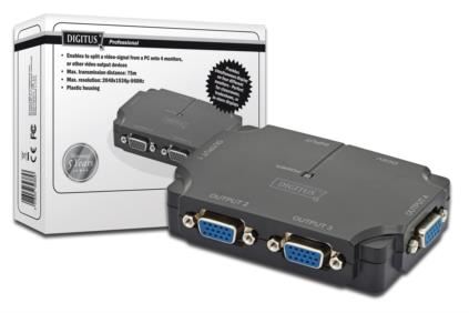 DIGITUS Video Rozbočovač compact 1 PC-> 4 Monitory 350 MHz, HDSUB 15/M - 4xHDSUB 15/F, Max