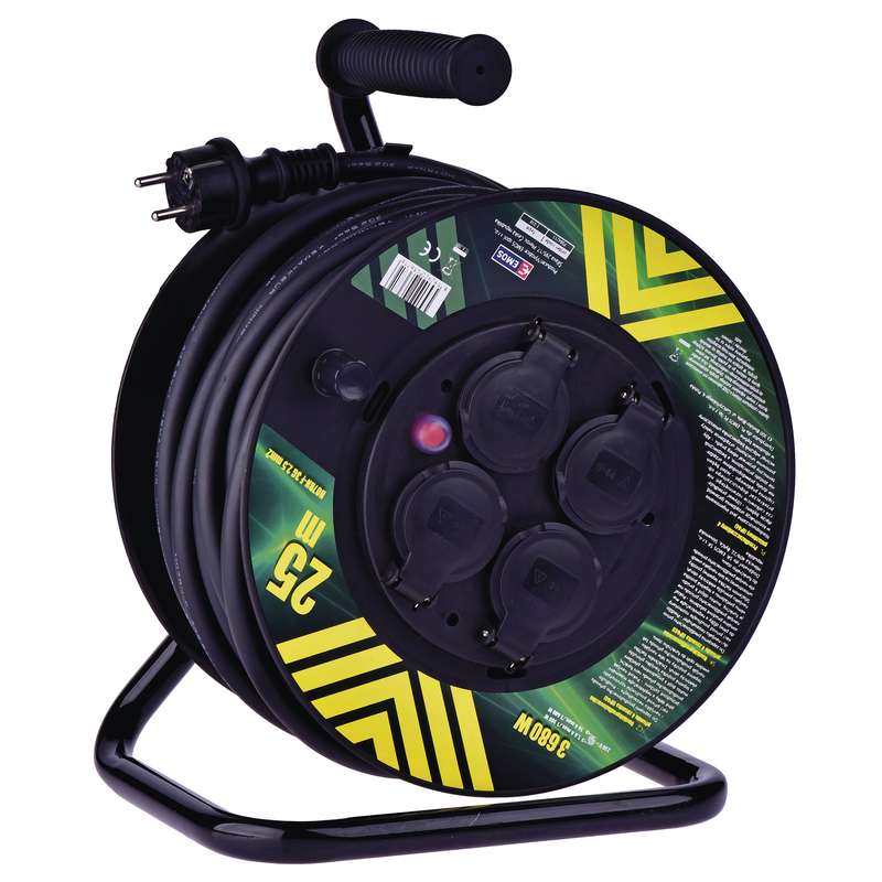 Venkovní prodlužovací kabel na bubnu 25 m / 4 zás. / černý / guma-neopren / 230V / 2,5 mm2, 1908542500