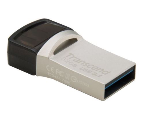 Transcend 32GB JetFlash 890, USB-C/USB 3.1 duální flash disk, malé rozměry, stříbrný kov, 