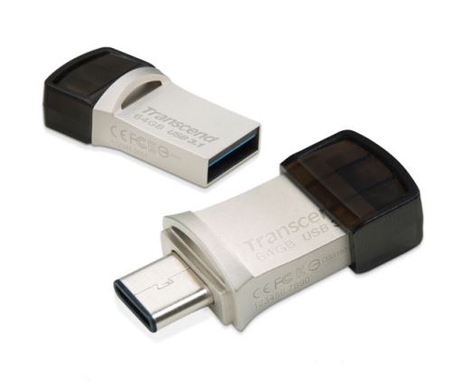 Transcend 64GB JetFlash 890, USB-C/USB 3.1 duální flash disk, malé rozměry, stříbrný kov, 