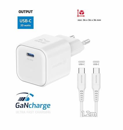 SWISSTEN SÍŤOVÝ ADAPTÉR GaN 1x USB-C 20W POWER DELIVERY BÍLÝ + DATOVÝ KABEL USB-C/USB-C 1,