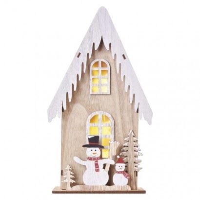 LED dekorace dřevěná – domek se sněhuláky, 28,5 cm, 2x AA, vnitřní, teplá bílá, časovač DCWW18