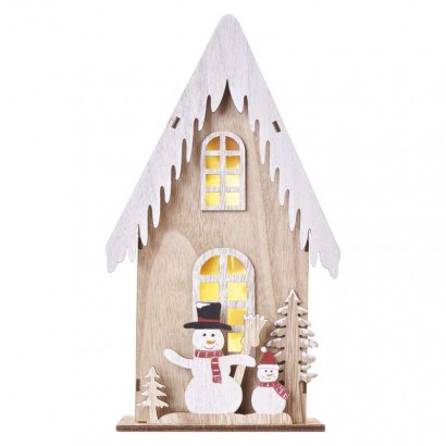 LED dekorace dřevěná – domek se sněhuláky, 28,5 cm, 2x AA, vnitřní, teplá bílá, časovač, 1550000077