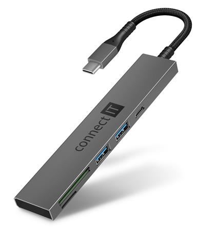 CONNECT IT CompactPRO USB-C hub + čtečka karet, (2xUSB-A 3.0, 1xUSB-C), externí, ANTRACITO