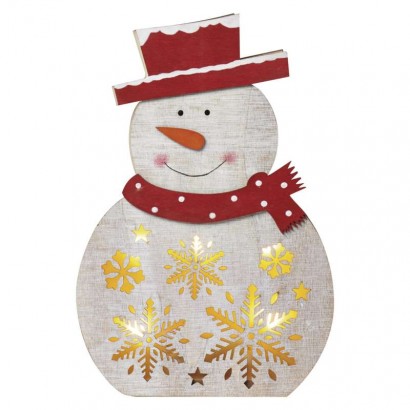 LED vánoční sněhulák dřevěný, 30 cm, 2x AA, vnitřní, teplá bílá, časovač, 1550000035