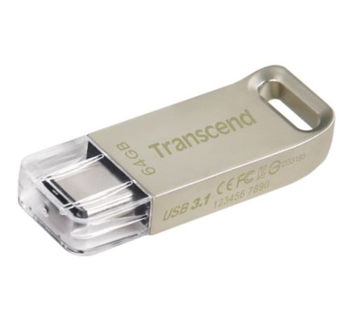 Transcend 64GB JetFlash 850S, USB-C (3.1 Gen 1) flash disk, malé rozměry, stříbrný kov, od