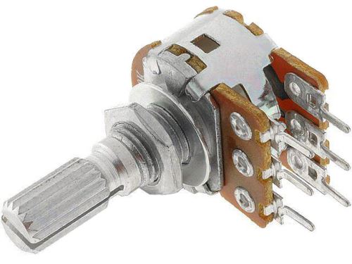 Potenciometr stereo otočný 10k / B   č.46  lineární, drážkovaná hřídel 6 x 9mm