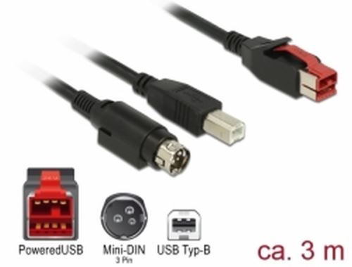 Delock PoweredUSB kabel samec 24 V > USB Typ-B samec + Hosiden Mini-DIN 3 pin samec 3 m pr